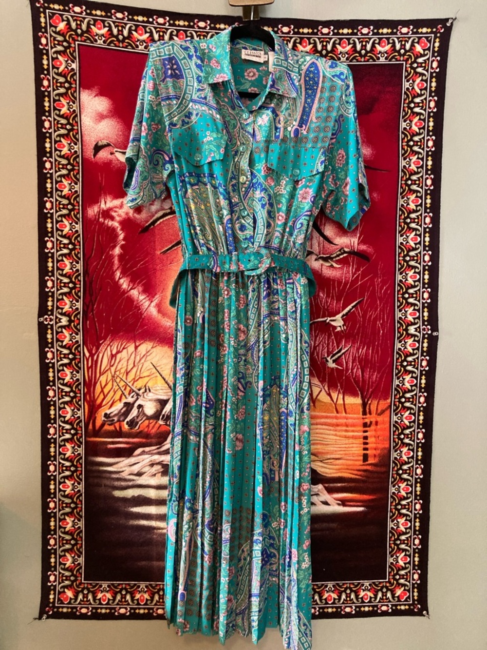 Vintage Classics by Leslie Fay Belted Dress Teal Paisley Print Belted Midi